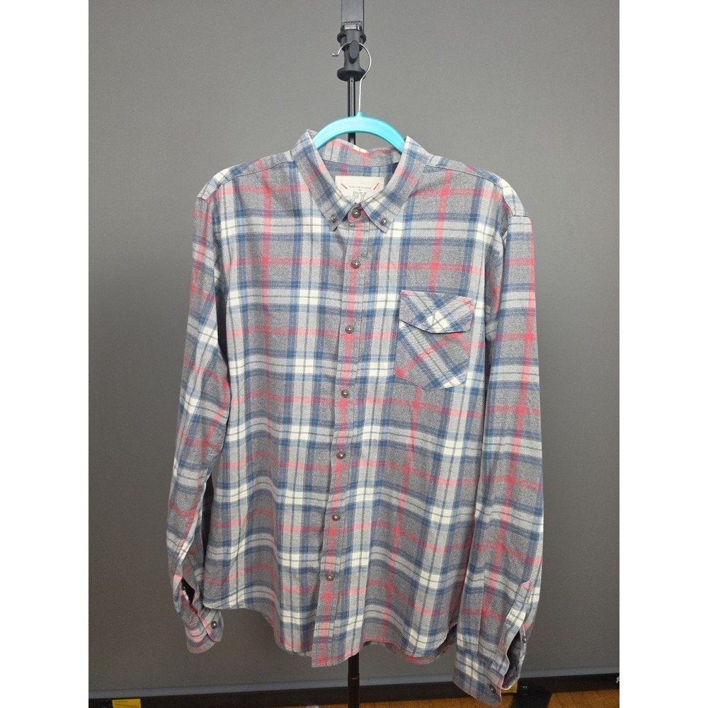 PX Premium Xpression Mens Large Plaid Flannel Shirt Gray Red‎ Blue Button Up...